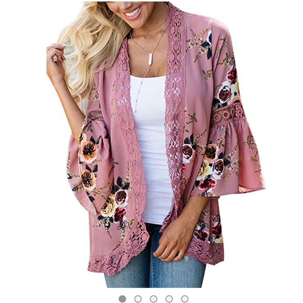 Pink Floral Bell Sleeve Kimono